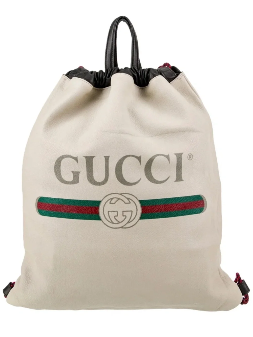 Gucci Mystic Off White Leather Logo Drawstring Backpack w Pouch